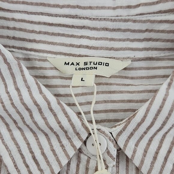 NEW Max Studio London Button Up Shirt Women's L Tan White Short Sleeve MSRP $138 - Picture 8 of 15